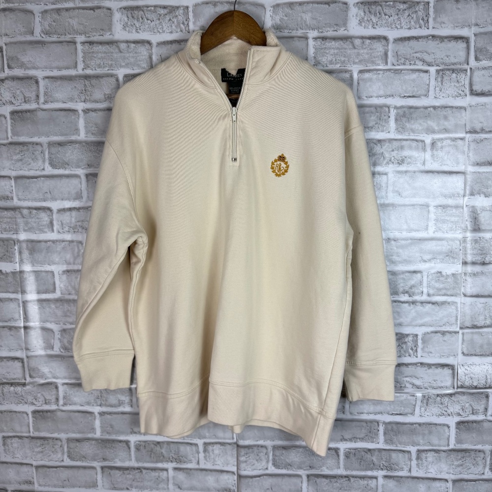 Lauren Ralph Lauren Off White Crest Logo Quarter Zip Pullover Sweater LARGE